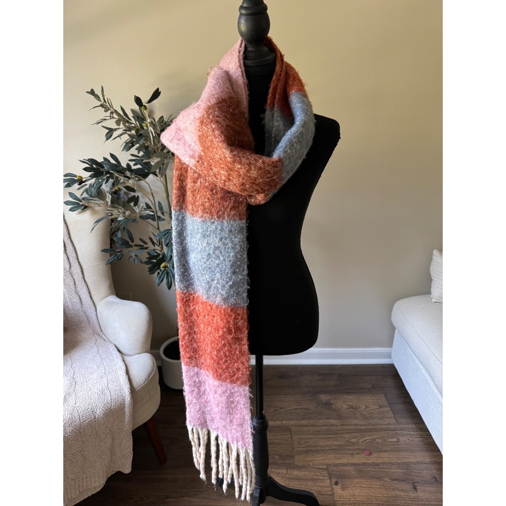 ANA A New Approach Oversized Blanket Scarf Colorblock Fringe Pink Orange Blue